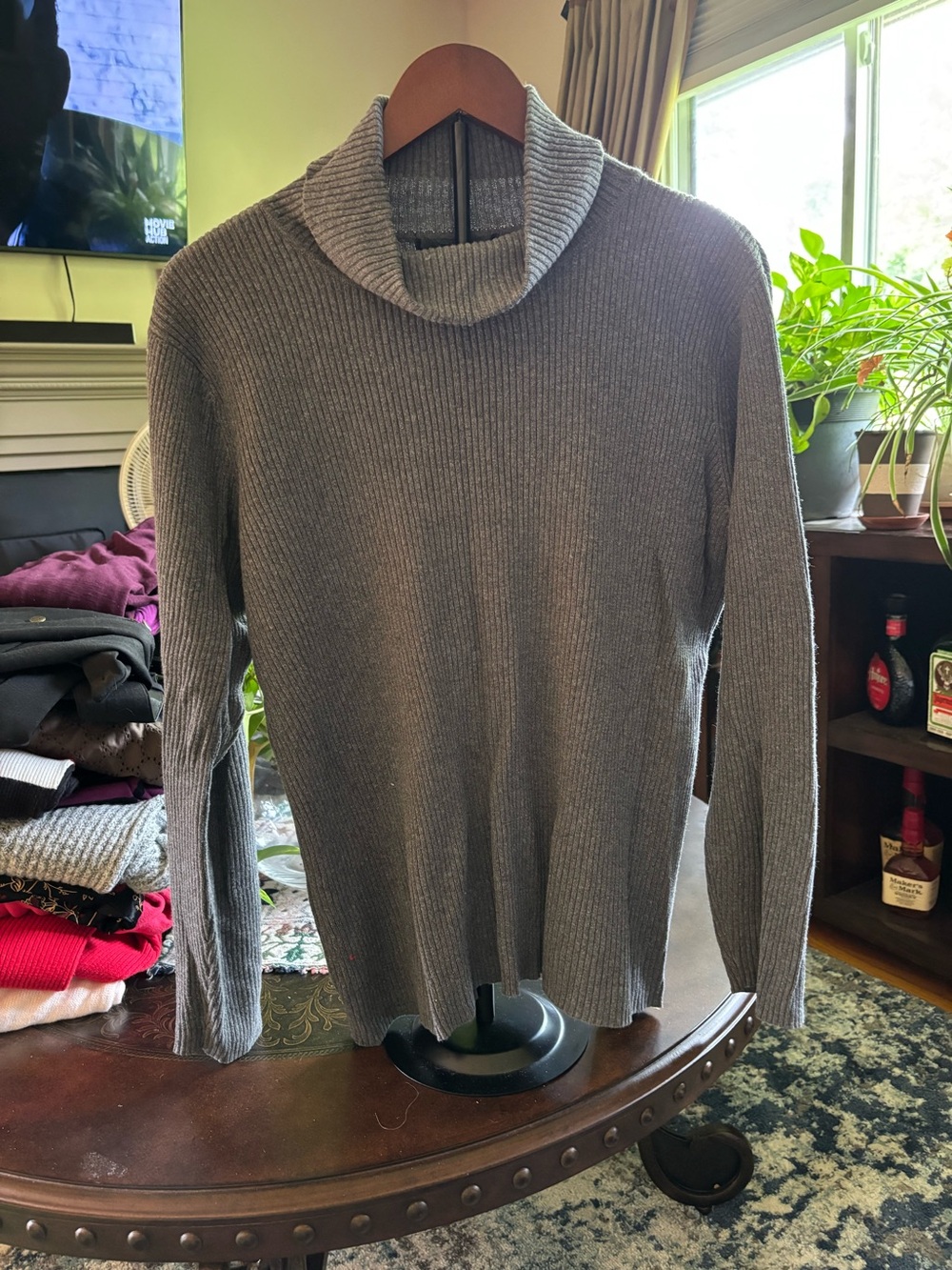 Gray Ribbed Turtleneck Sweater